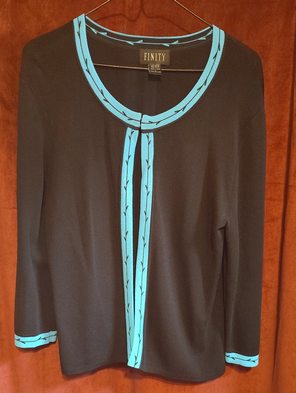 Finity Black Long Sleeve Cardigan Sweater with Turquoise Trim
